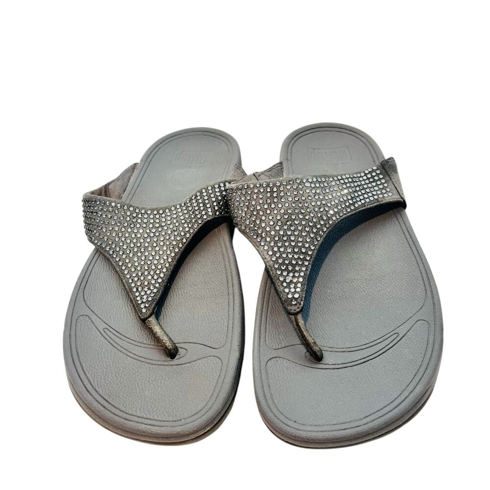 Fit Flop Rokkit Gray Suede Rhinestone Thong Sandal Women's Size 9